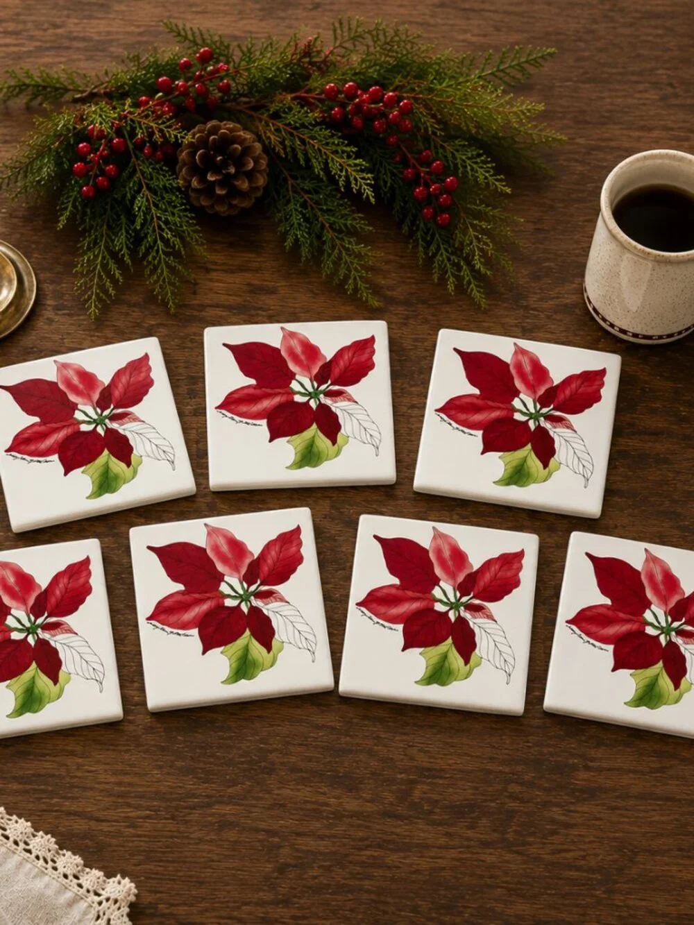 Vintage Mary Lou Goertzen Poinsettia Tile Coasters — Set of 7